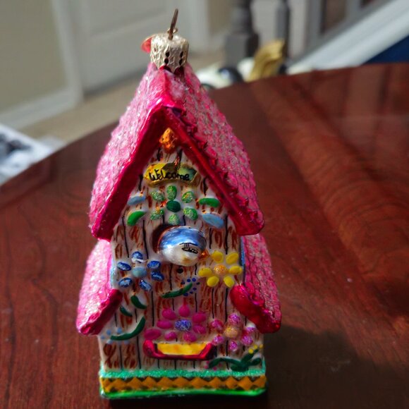 RARE ADORABLE CHRISTOPHER RADKO BIRD HOUSE FLOWERS CHRISTMAS GLASS ORNAMENT - Picture 1 of 10